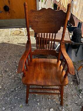 Vintage Oak Spindle Back Captains Chair with Carved Crest